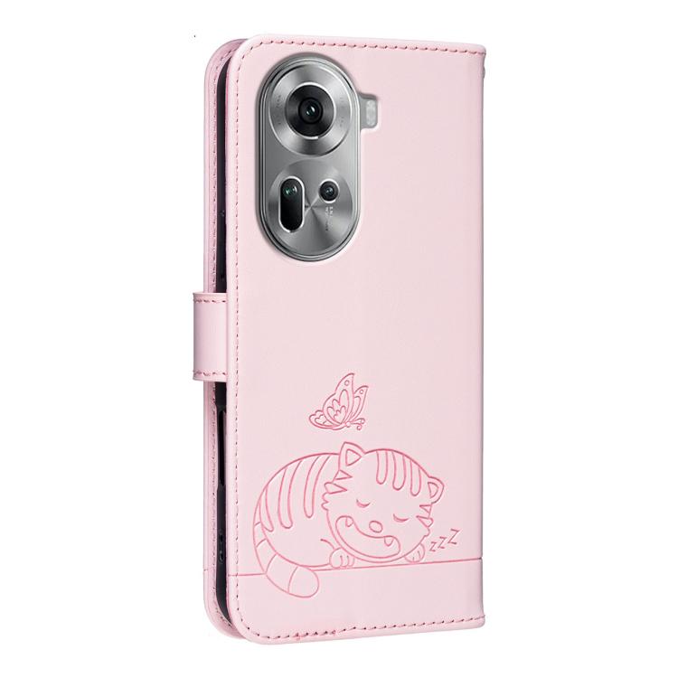For OPPO Reno11 Global Cat Butterfly Embossed RFID Vegan Leather Phone Case with Strap