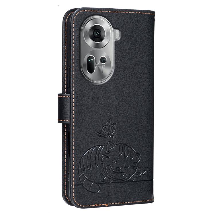 For OPPO Reno11 Global Cat Butterfly Embossed RFID Vegan Leather Phone Case with Strap