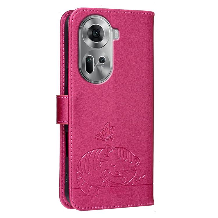 For OPPO Reno11 Global Cat Butterfly Embossed RFID Vegan Leather Phone Case with Strap