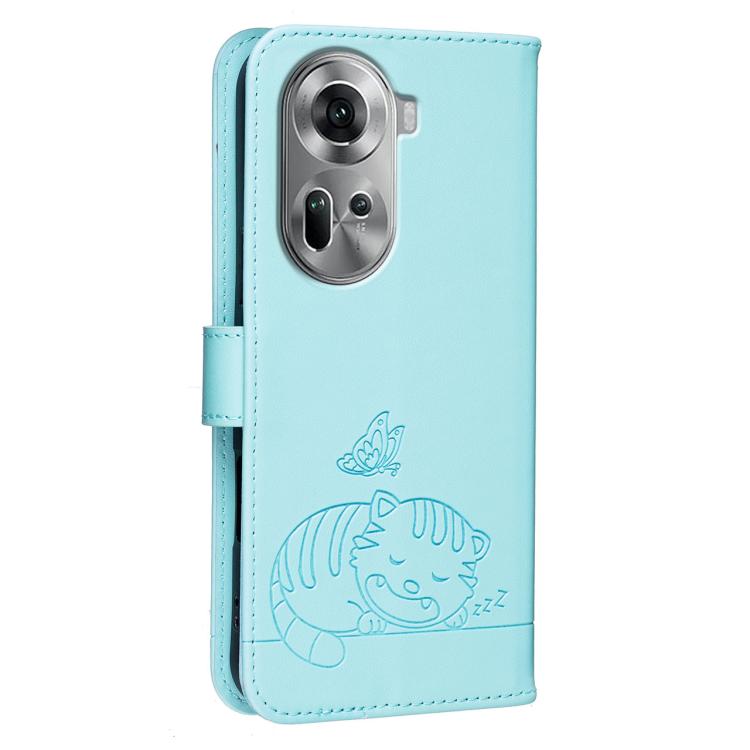 For OPPO Reno11 Global Cat Butterfly Embossed RFID Vegan Leather Phone Case with Strap