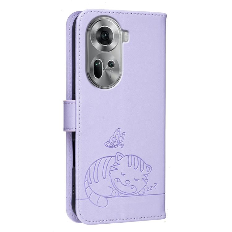 For OPPO Reno11 Global Cat Butterfly Embossed RFID Vegan Leather Phone Case with Strap