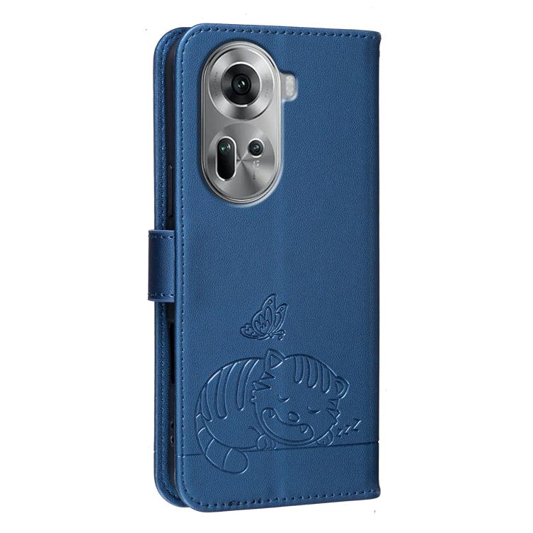 For OPPO Reno11 Global Cat Butterfly Embossed RFID Vegan Leather Phone Case with Strap