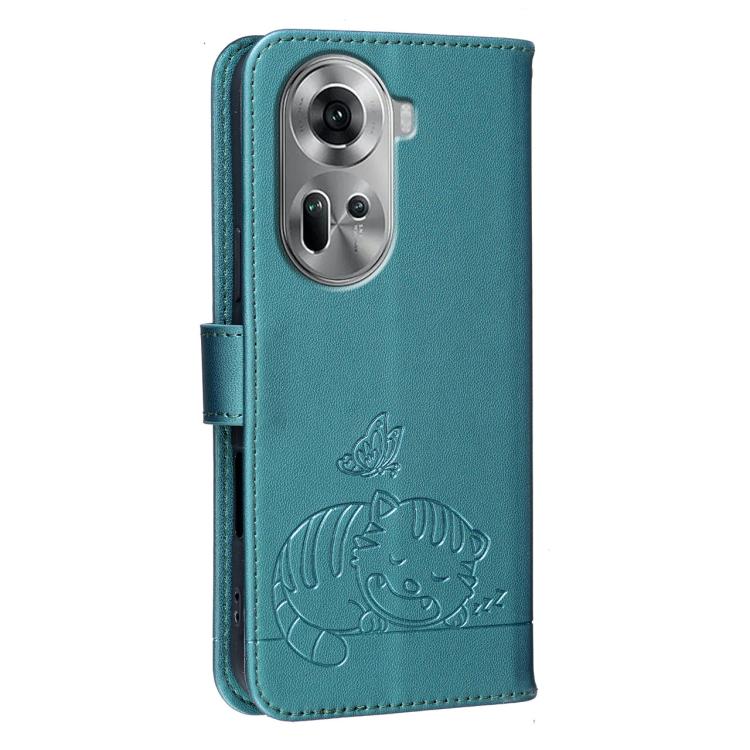 For OPPO Reno11 Global Cat Butterfly Embossed RFID Vegan Leather Phone Case with Strap
