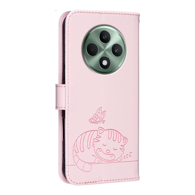 For OPPO Reno12 F 4G / 5G / F27 Cat Butterfly Embossed RFID Vegan Leather Phone Case with Strap