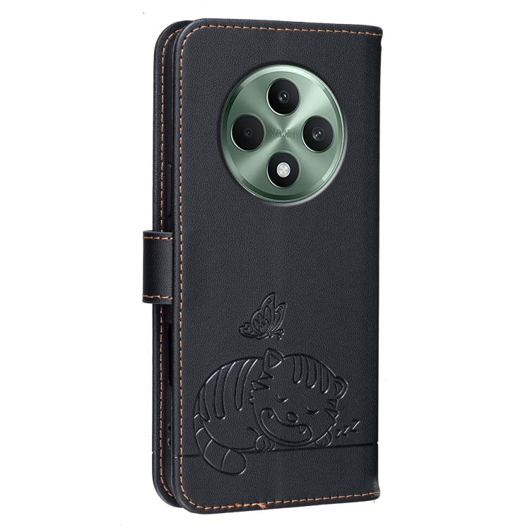 For OPPO Reno12 F 4G / 5G / F27 Cat Butterfly Embossed RFID Vegan Leather Phone Case with Strap