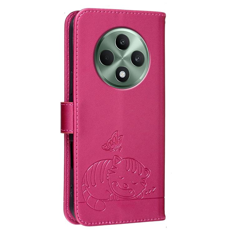For OPPO Reno12 F 4G / 5G / F27 Cat Butterfly Embossed RFID Vegan Leather Phone Case with Strap
