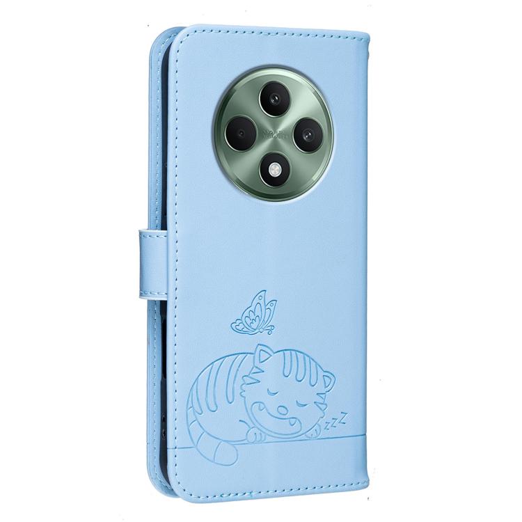 For OPPO Reno12 F 4G / 5G / F27 Cat Butterfly Embossed RFID Vegan Leather Phone Case with Strap