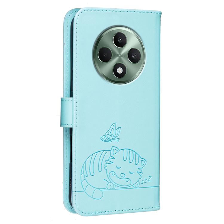 For OPPO Reno12 F 4G / 5G / F27 Cat Butterfly Embossed RFID Vegan Leather Phone Case with Strap