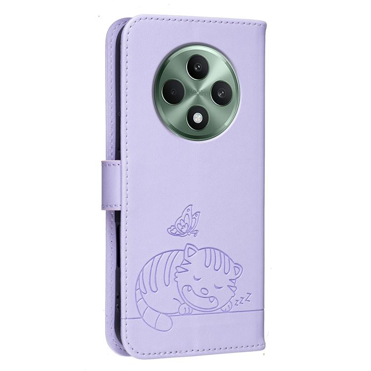 For OPPO Reno12 F 4G / 5G / F27 Cat Butterfly Embossed RFID Vegan Leather Phone Case with Strap