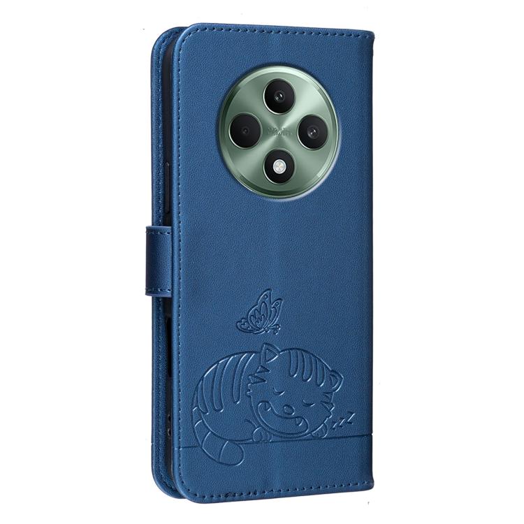For OPPO Reno12 F 4G / 5G / F27 Cat Butterfly Embossed RFID Vegan Leather Phone Case with Strap