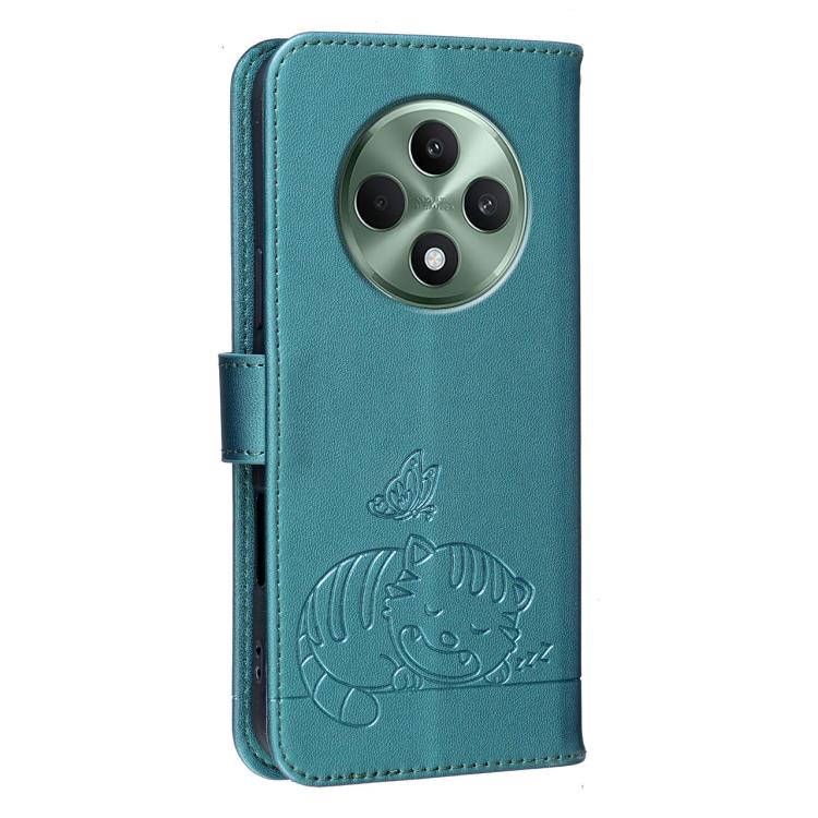 For OPPO Reno12 F 4G / 5G / F27 Cat Butterfly Embossed RFID Vegan Leather Phone Case with Strap