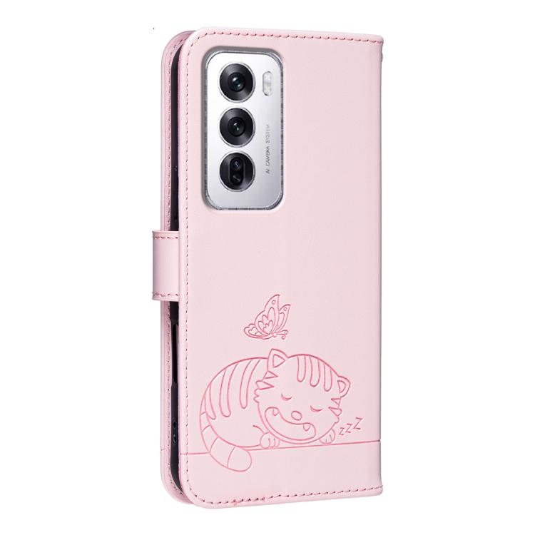 For OPPO Reno12 Global Cat Butterfly Embossed RFID Vegan Leather Phone Case with Strap