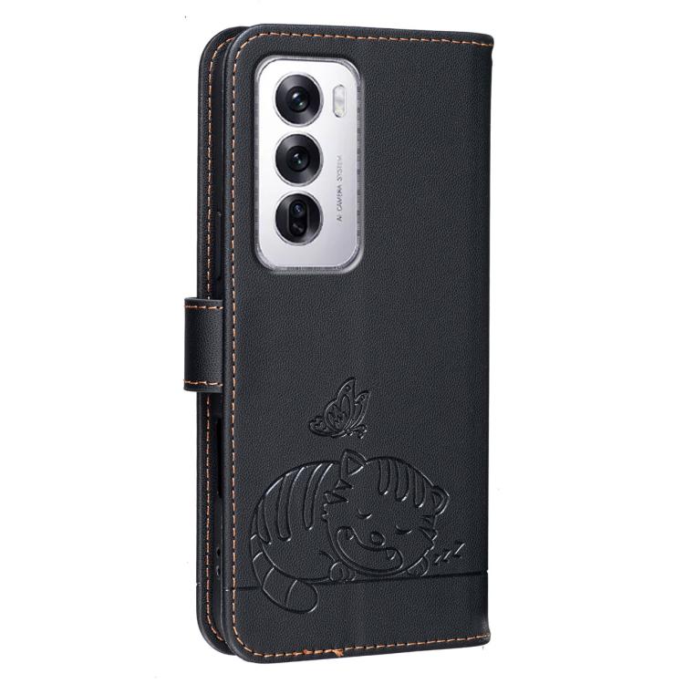 For OPPO Reno12 Global Cat Butterfly Embossed RFID Vegan Leather Phone Case with Strap