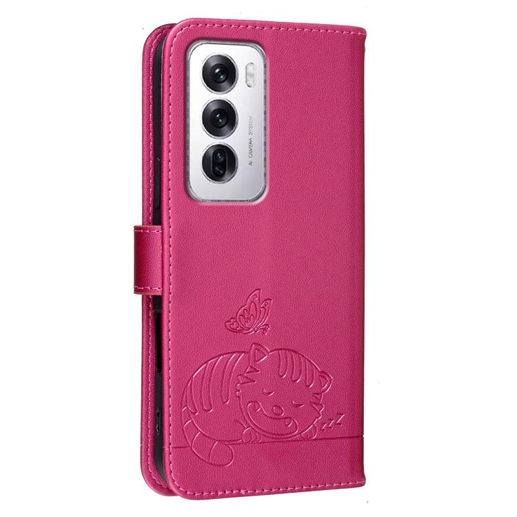 For OPPO Reno12 Global Cat Butterfly Embossed RFID Vegan Leather Phone Case with Strap