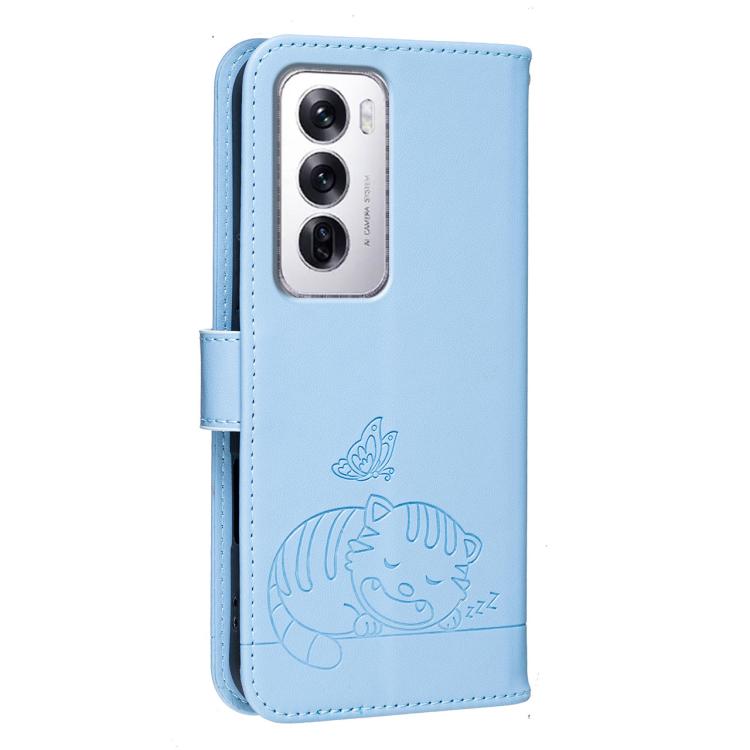 For OPPO Reno12 Global Cat Butterfly Embossed RFID Vegan Leather Phone Case with Strap