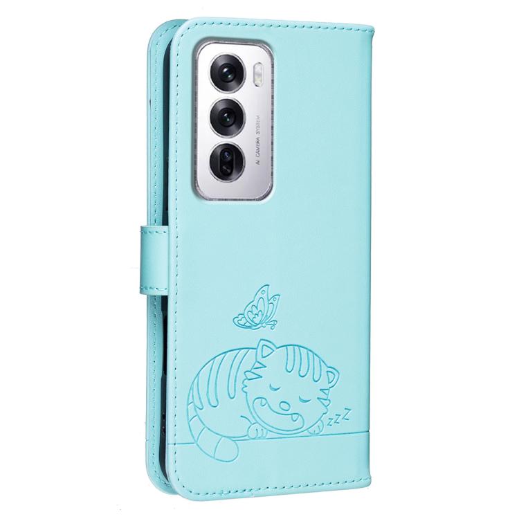 For OPPO Reno12 Global Cat Butterfly Embossed RFID Vegan Leather Phone Case with Strap