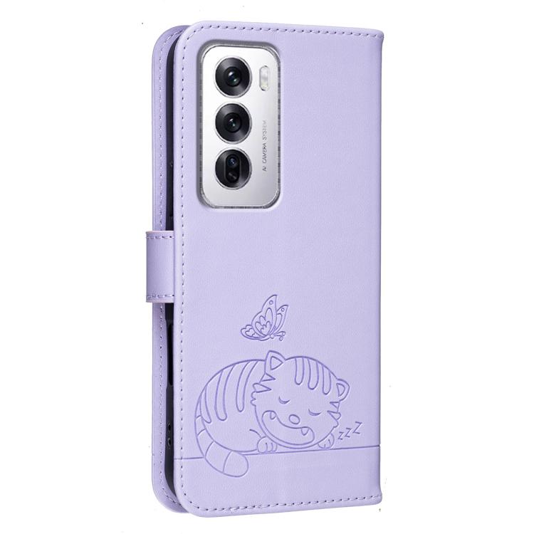 For OPPO Reno12 Global Cat Butterfly Embossed RFID Vegan Leather Phone Case with Strap