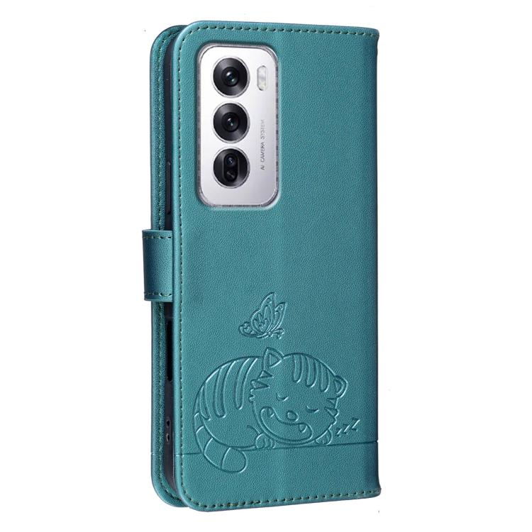 For OPPO Reno12 Global Cat Butterfly Embossed RFID Vegan Leather Phone Case with Strap