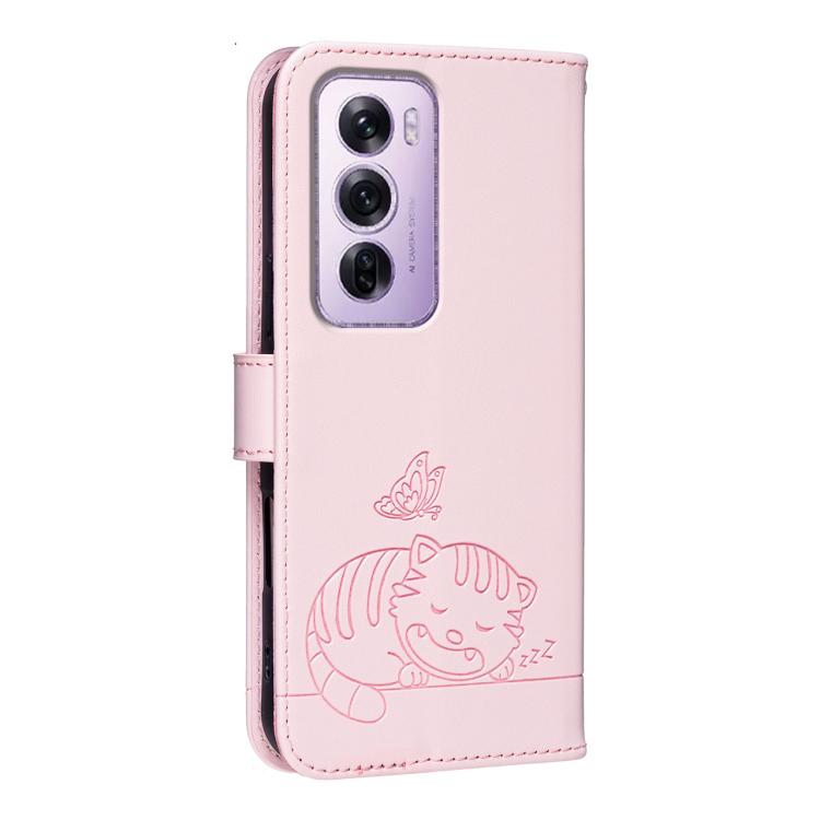 For OPPO Reno12 Pro Global Cat Butterfly Embossed RFID Vegan Leather Phone Case with Strap