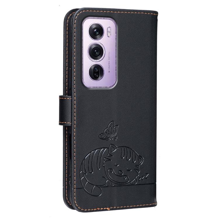 For OPPO Reno12 Pro Global Cat Butterfly Embossed RFID Vegan Leather Phone Case with Strap