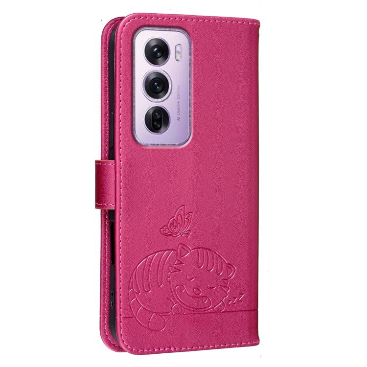 For OPPO Reno12 Pro Global Cat Butterfly Embossed RFID Vegan Leather Phone Case with Strap