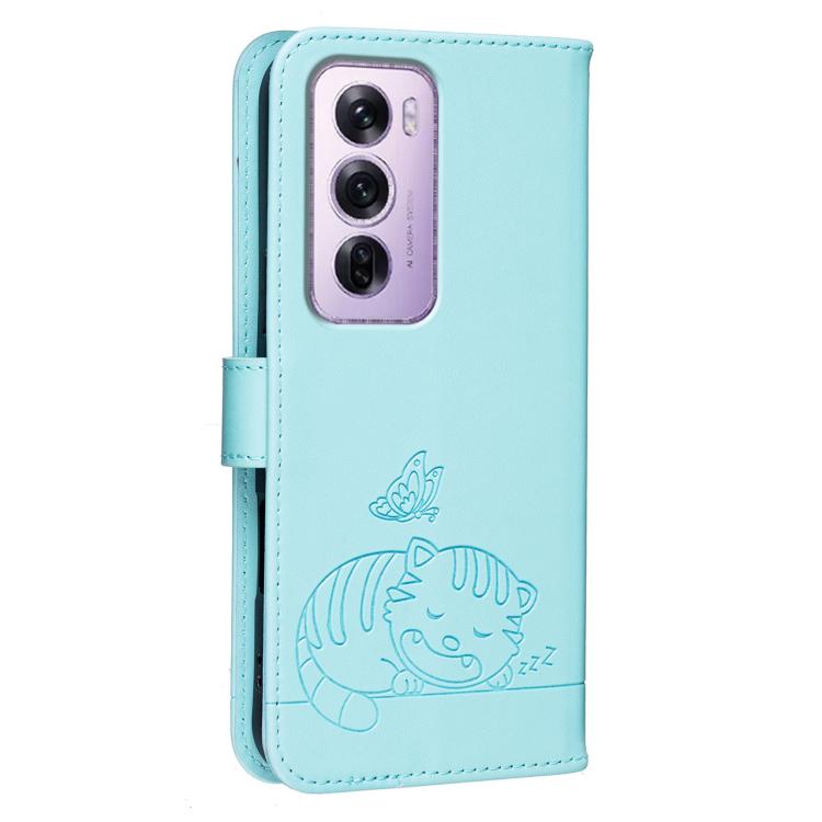 For OPPO Reno12 Pro Global Cat Butterfly Embossed RFID Vegan Leather Phone Case with Strap