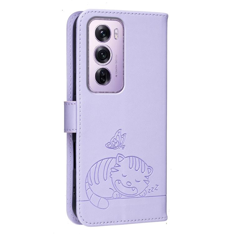 For OPPO Reno12 Pro Global Cat Butterfly Embossed RFID Vegan Leather Phone Case with Strap