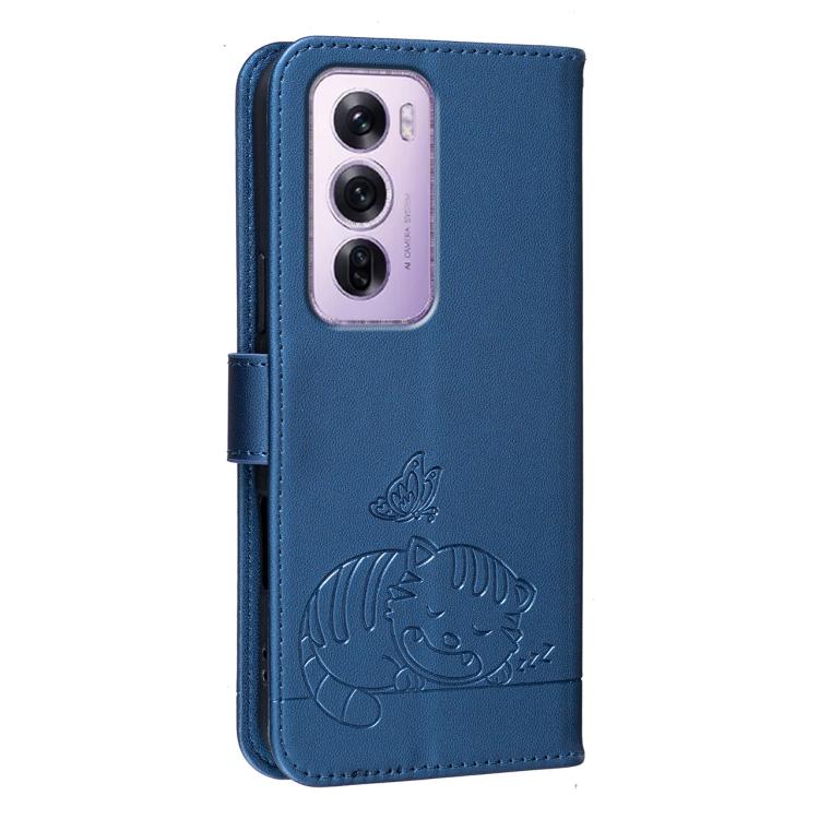 For OPPO Reno12 Pro Global Cat Butterfly Embossed RFID Vegan Leather Phone Case with Strap