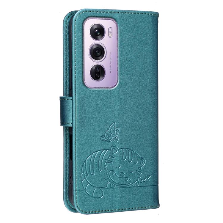 For OPPO Reno12 Pro Global Cat Butterfly Embossed RFID Vegan Leather Phone Case with Strap