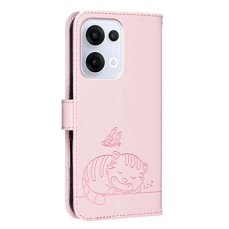 For OPPO Reno13 Global Cat Butterfly Embossed RFID Vegan Leather Phone Case with Strap