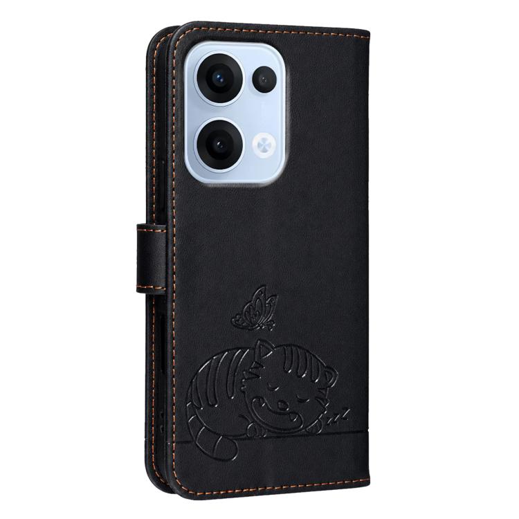 For OPPO Reno13 Global Cat Butterfly Embossed RFID Vegan Leather Phone Case with Strap