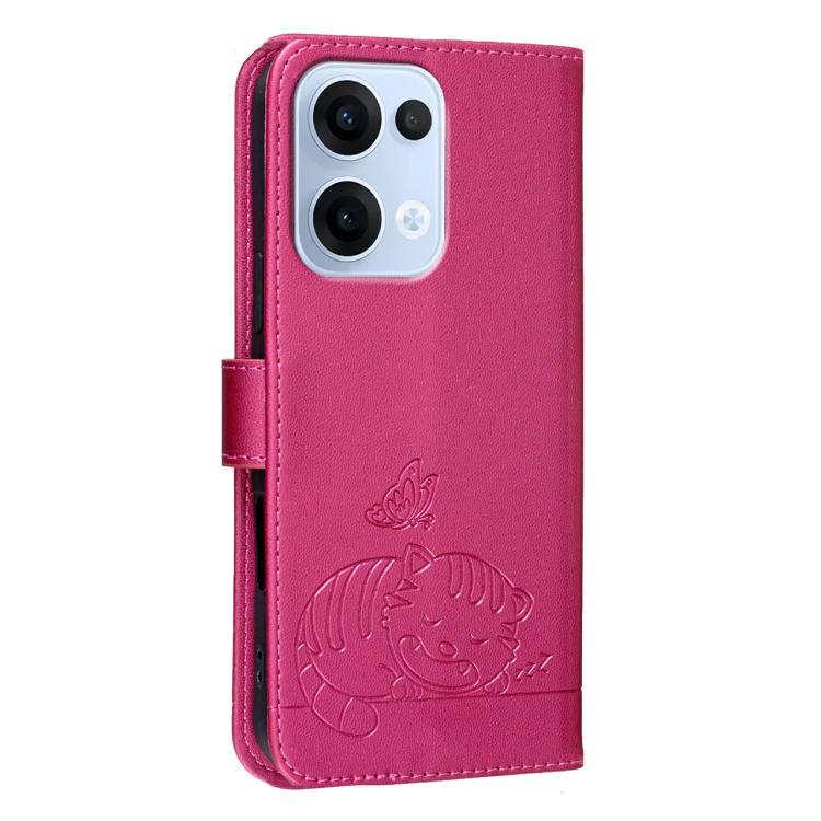 For OPPO Reno13 Global Cat Butterfly Embossed RFID Vegan Leather Phone Case with Strap