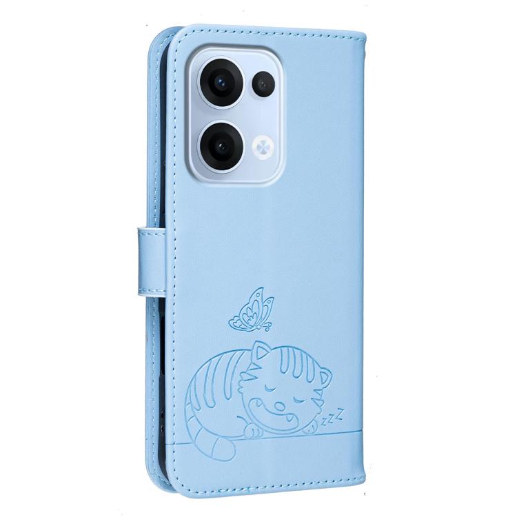 For OPPO Reno13 Global Cat Butterfly Embossed RFID Vegan Leather Phone Case with Strap