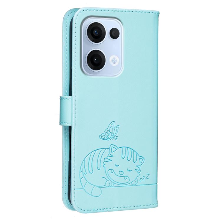For OPPO Reno13 Global Cat Butterfly Embossed RFID Vegan Leather Phone Case with Strap