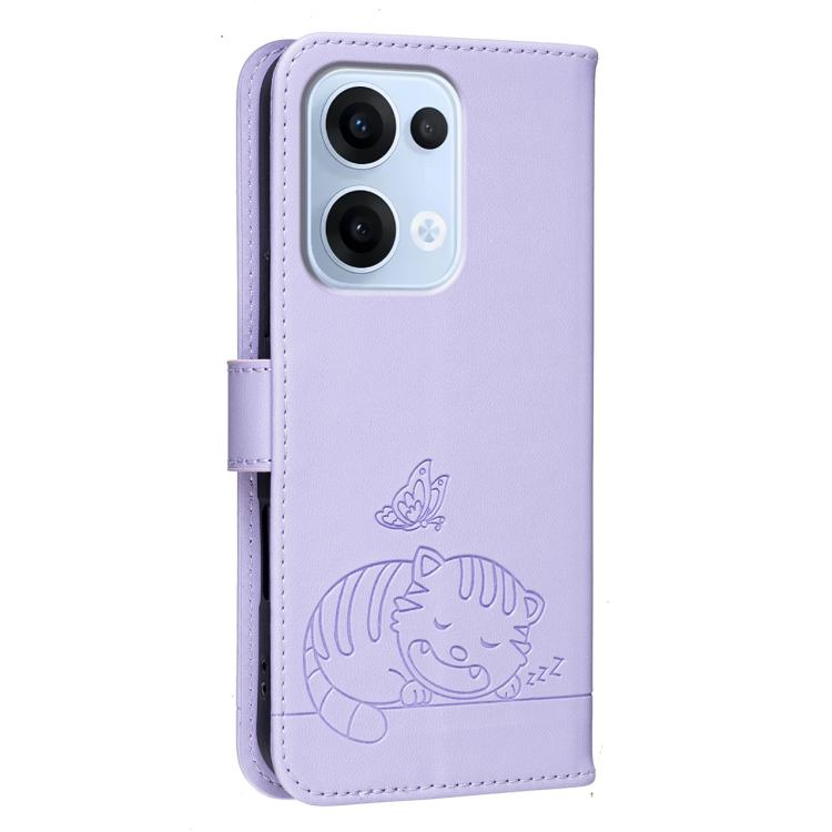 For OPPO Reno13 Global Cat Butterfly Embossed RFID Vegan Leather Phone Case with Strap