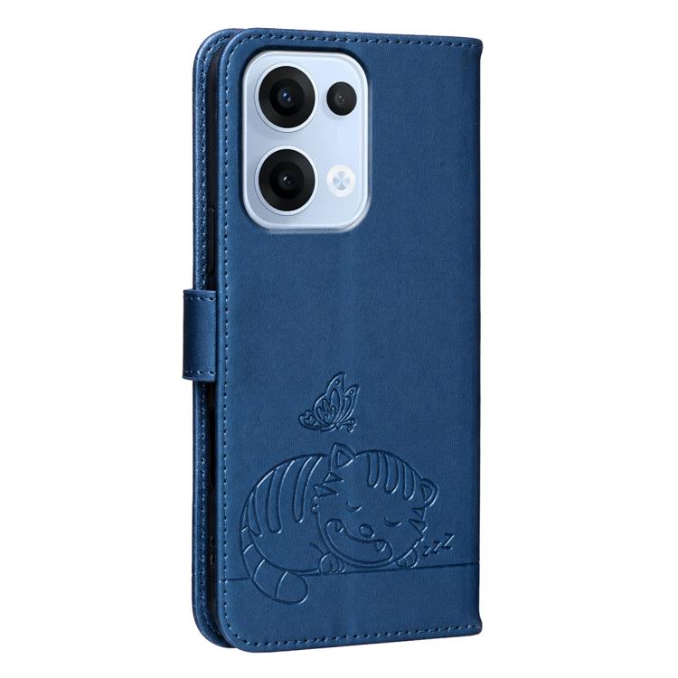 For OPPO Reno13 Global Cat Butterfly Embossed RFID Vegan Leather Phone Case with Strap