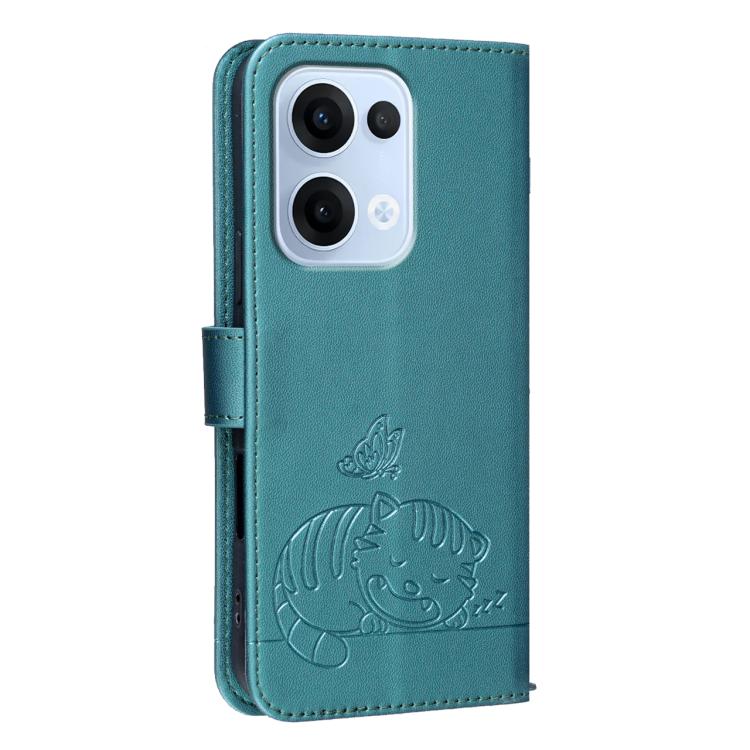 For OPPO Reno13 Global Cat Butterfly Embossed RFID Vegan Leather Phone Case with Strap
