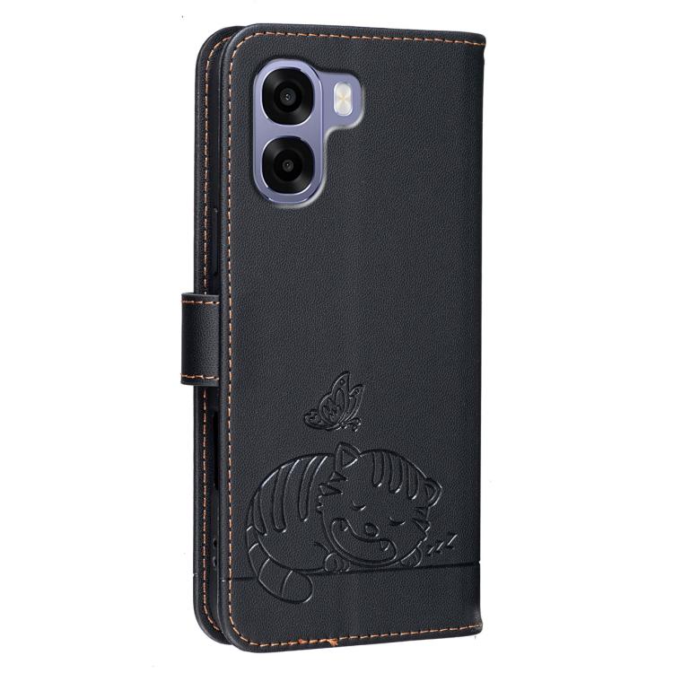 For OPPO A6 / A6 Pro 5G India / A6x 4G / 5G Cat Butterfly Embossed RFID Vegan Leather Phone Case with Strap
