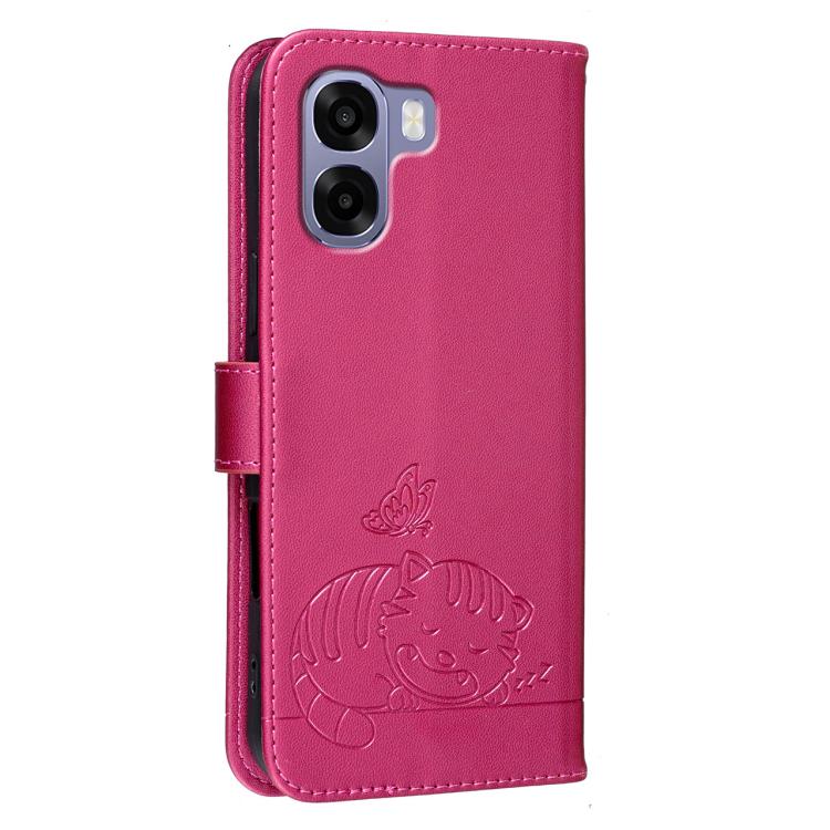 For OPPO A6 / A6 Pro 5G India / A6x 4G / 5G Cat Butterfly Embossed RFID Vegan Leather Phone Case with Strap