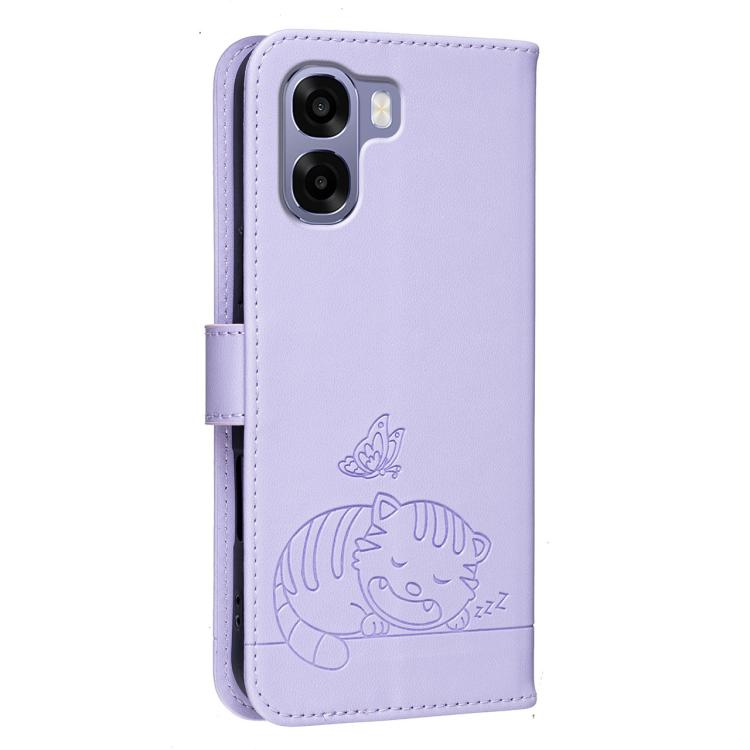 For OPPO A6 / A6 Pro 5G India / A6x 4G / 5G Cat Butterfly Embossed RFID Vegan Leather Phone Case with Strap
