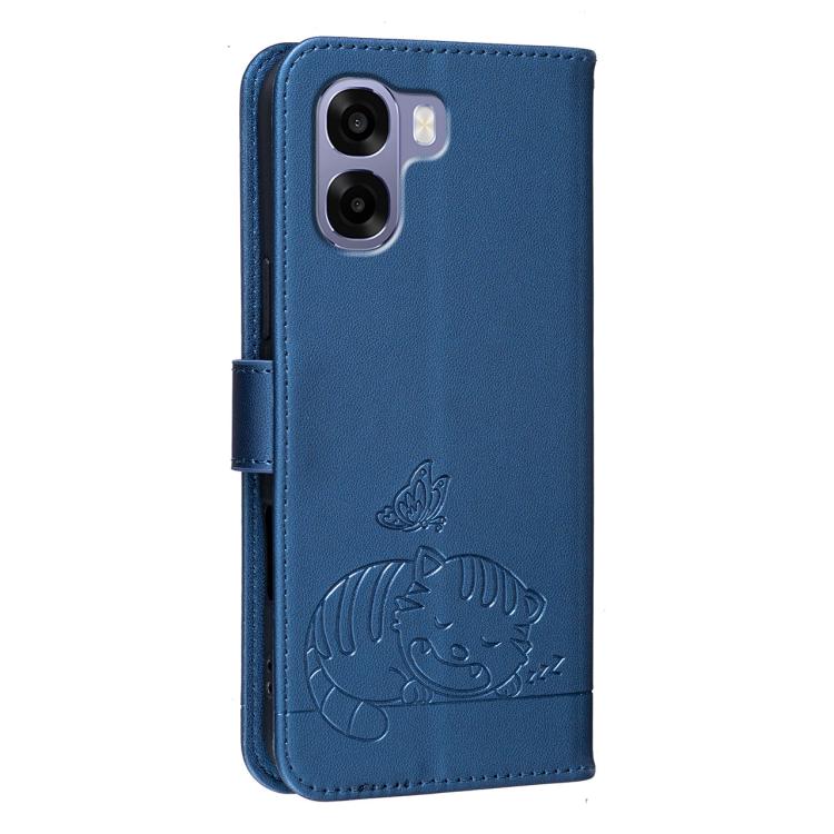 For OPPO A6 / A6 Pro 5G India / A6x 4G / 5G Cat Butterfly Embossed RFID Vegan Leather Phone Case with Strap