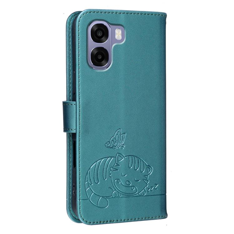 For OPPO A6 / A6 Pro 5G India / A6x 4G / 5G Cat Butterfly Embossed RFID Vegan Leather Phone Case with Strap