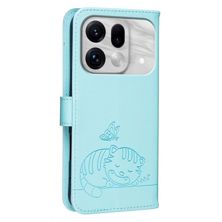 For OPPO Find X9s Pro 5G Cat Butterfly Embossed RFID Vegan Leather Phone Case with Strap