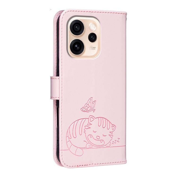 For OPPO Reno15 F 5G Cat Butterfly Embossed RFID Vegan Leather Phone Case with Strap
