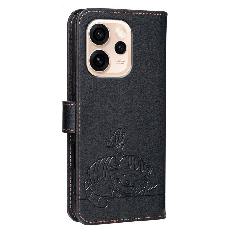 For OPPO Reno15 Pro 5G / Reno15 Pro Mini 5G Cat Butterfly Embossed RFID Vegan Leather Phone Case with Strap