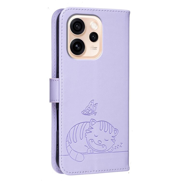 For OPPO Reno15 Pro Max 5G Global Cat Butterfly Embossed RFID Vegan Leather Phone Case with Strap