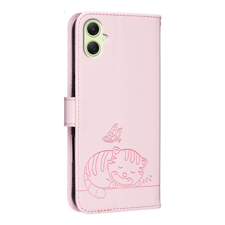 For Galaxy A05 Cat Butterfly Embossed RFID Vegan Leather Phone Case with Strap