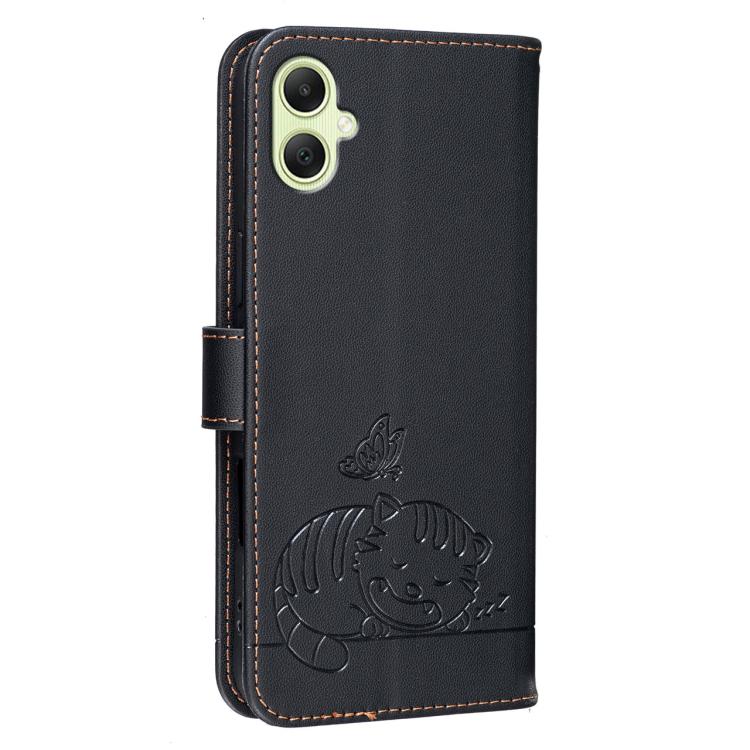 For Galaxy A05 Cat Butterfly Embossed RFID Vegan Leather Phone Case with Strap