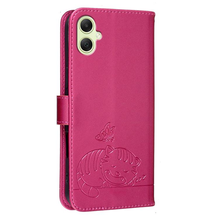 For Galaxy A05 Cat Butterfly Embossed RFID Vegan Leather Phone Case with Strap