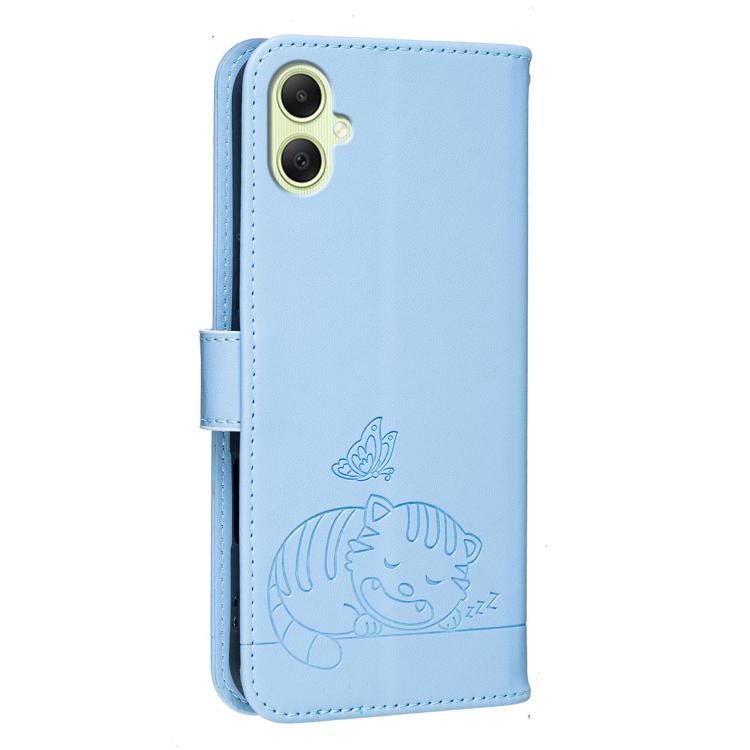 For Galaxy A05 Cat Butterfly Embossed RFID Vegan Leather Phone Case with Strap